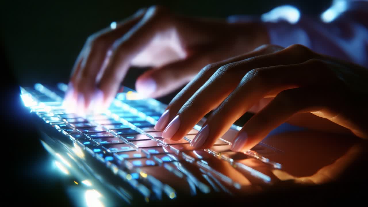 Illuminated Keyboard: Capturing the Art of Typing in a Dimly Lit Environment, Showcasing Graceful Hands and the Dance of Light Across Each Key, Merging Technology with Human Touch