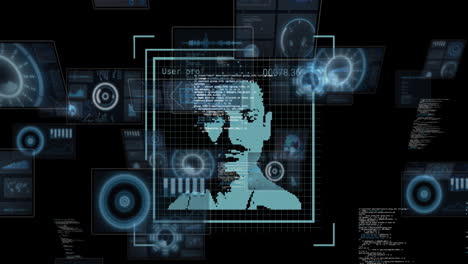 animation of scopes and data processing over biometric photo and dark background