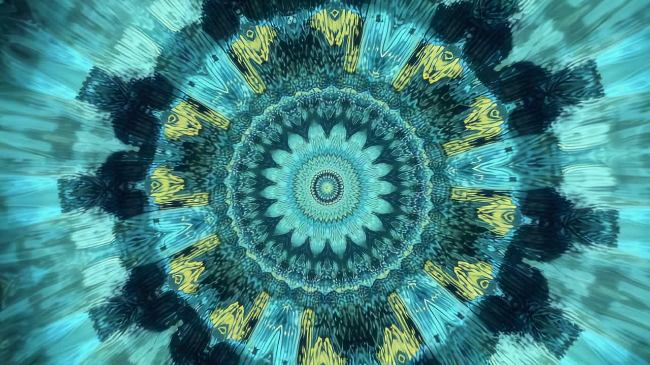 Cycling mandala pattern pulsing and shifting colors in abstraction, following initial radial design