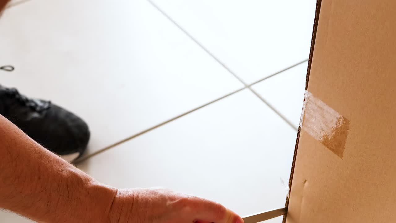Close-up of hands using a knife to cut taped edges of a cardboard box on a tiled floor.