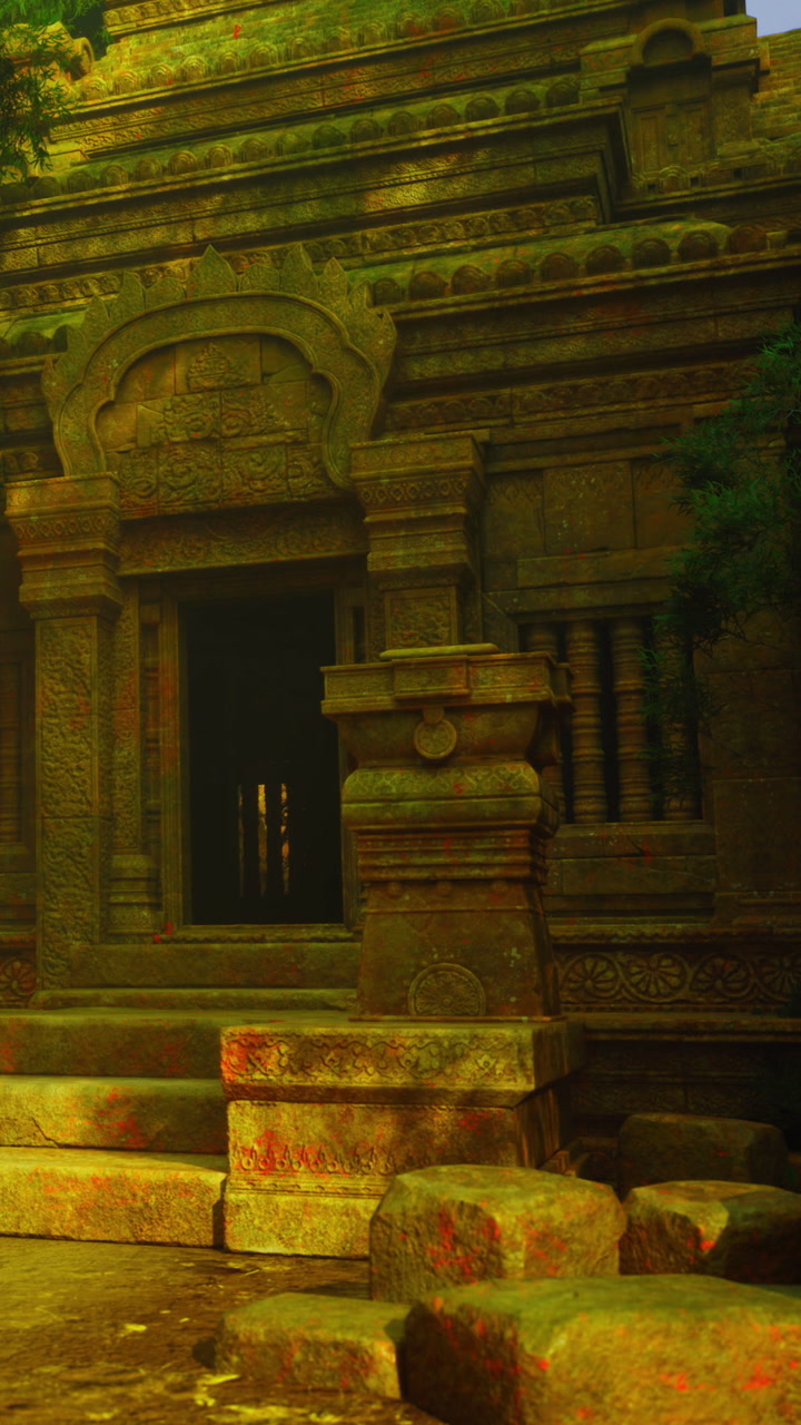 Ancient temple ruins nestled in vibrant green foliage at sunset