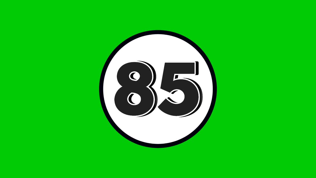 Number 85 symbol sign animation motion graphics cartoon black color on green screen background.numbers in white circle suitable for video elements