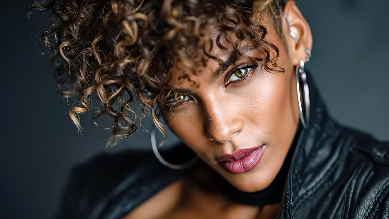 una mujer con cabello rizado vistiendo una chaqueta de cuero negra