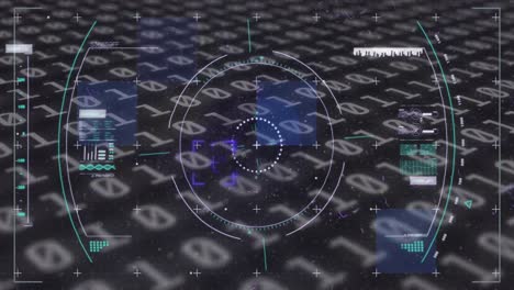 Animación-De-Escaneo-De-Alcance,-Código-Binario-Y-Procesamiento-De-Datos-Sobre-Fondo-Negro