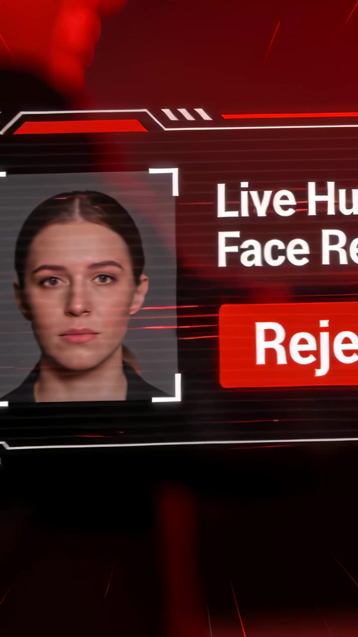 Vertical video: Tilting female in suit holding QR card to lens, red studio showing liveness Reject