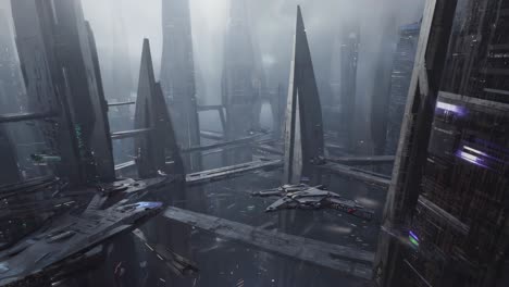 futuristic cityscape with flying spaceships