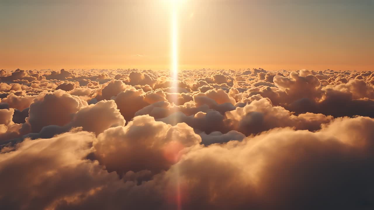 Ascending drone revealing cumulus deck swelling over horizon at sunset, sun pillar and lens flare