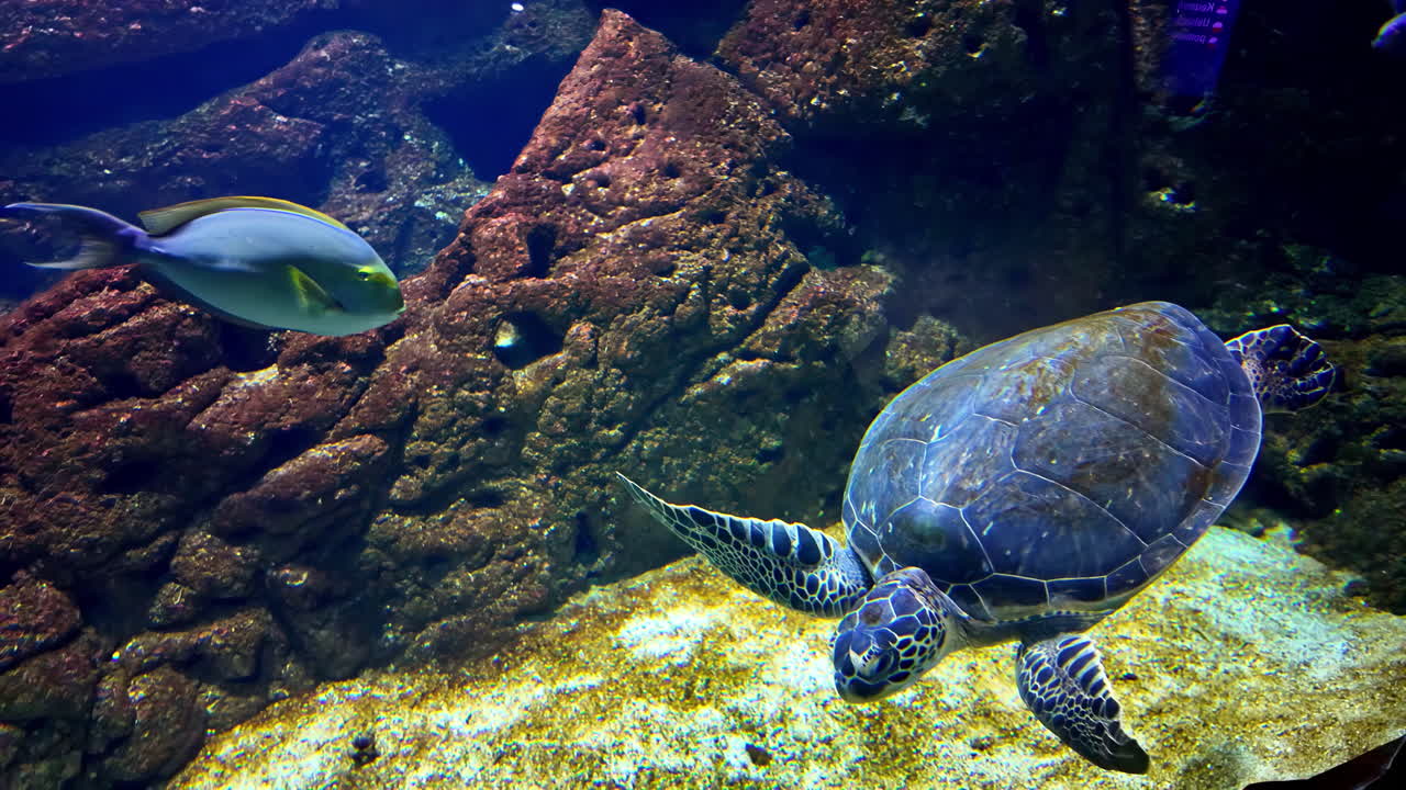 Sea turtle and fish swim near rocks and sand in a natural underwater scene