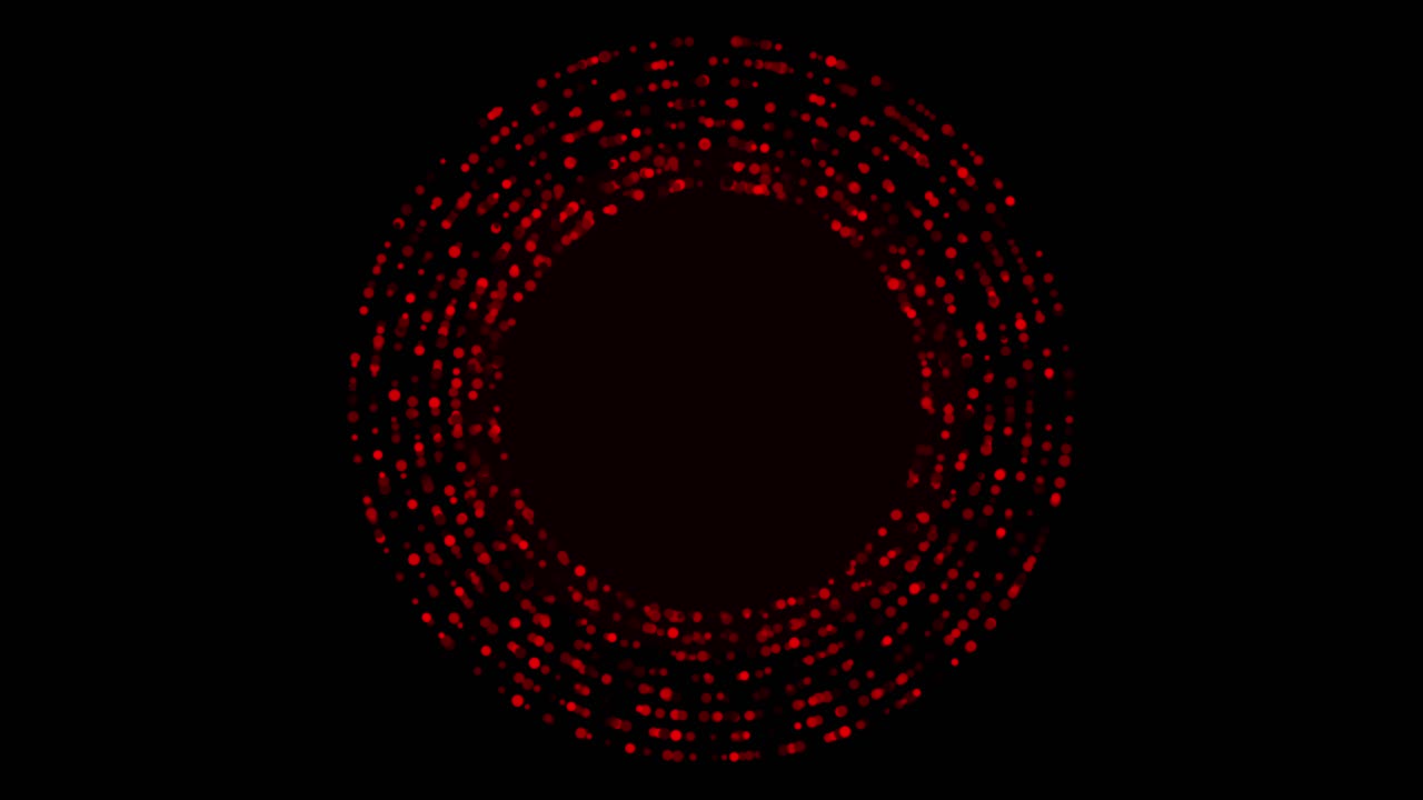 A dense ring of glowing red particles and data points swirls on isolated black background. Abstract seamless loop for science, technology, or data flow visuals. Central copy space