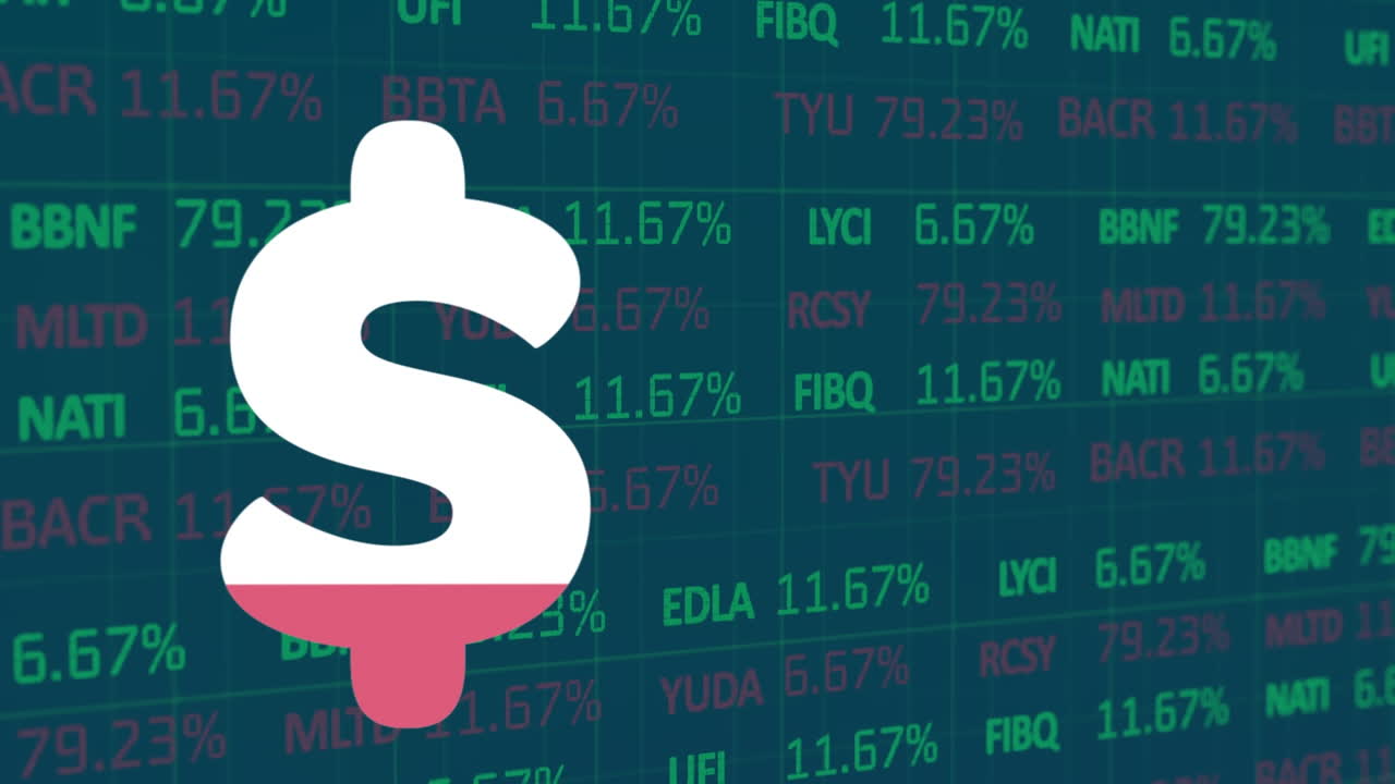 Animation of dollar sign filling up with pink and financial data processing