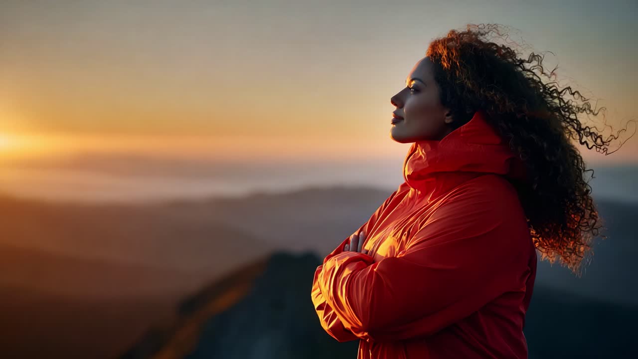 A woman standing at the edge of a breathtaking mountain vista, gazing thoughtfully into the radiant sunset, embodying a moment of reflection and admiration for nature's beauty