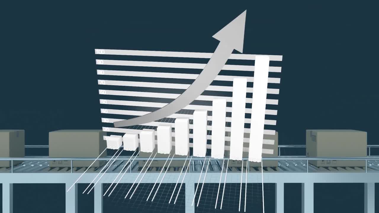 animación de estadísticas procesamiento de datos de flecha sobre cajas de cartón en cinta transportadora