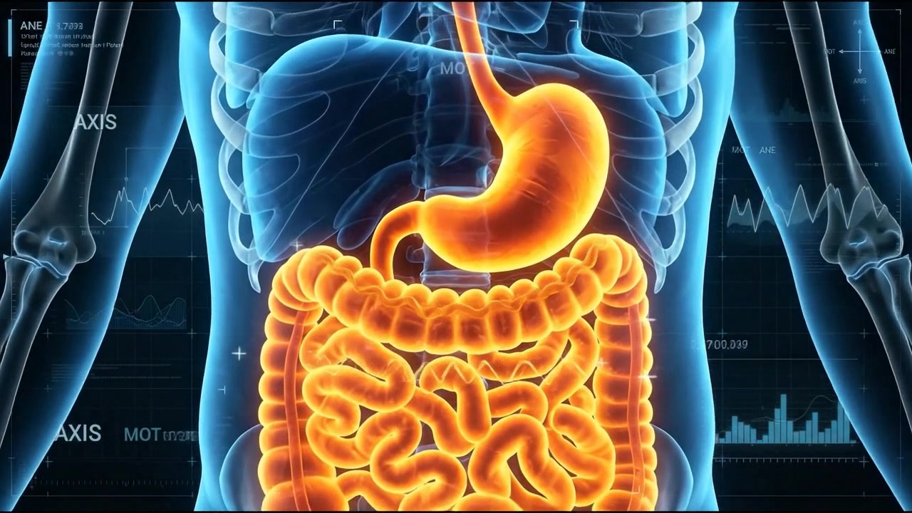 Scansione del torso umano che mostra uno stomaco blu luminoso e il sistema digestivo