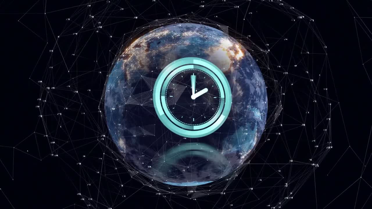 animación del reloj que se mueve sobre el globo y la red de conexiones