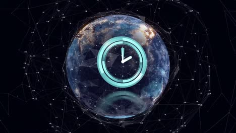 animation of clock moving over globe and network of connections