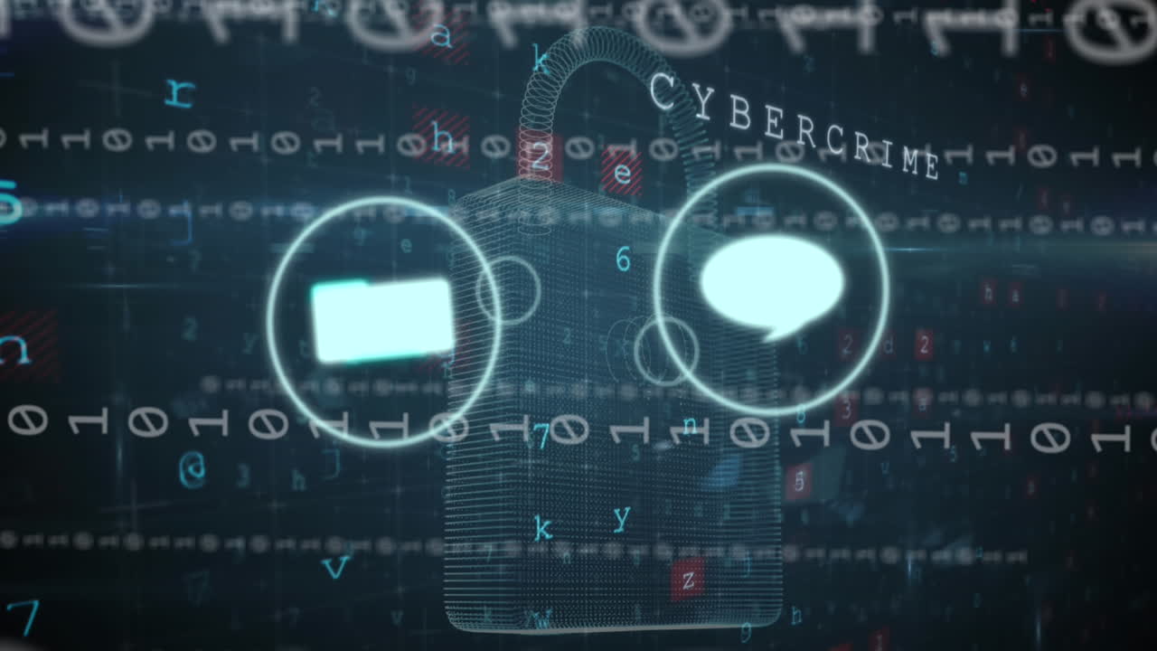 Animation of multiple icon in circles, binary codes, padlock, texts, letters, numbers and symbols