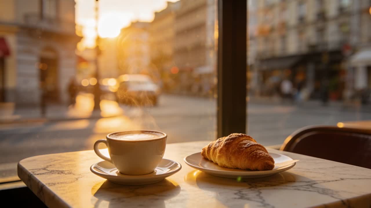 Una tazza bianca fumante e un croissant su un tavolo di marmo vicino alla finestra, con il sole che si sposta creando un bagliore.