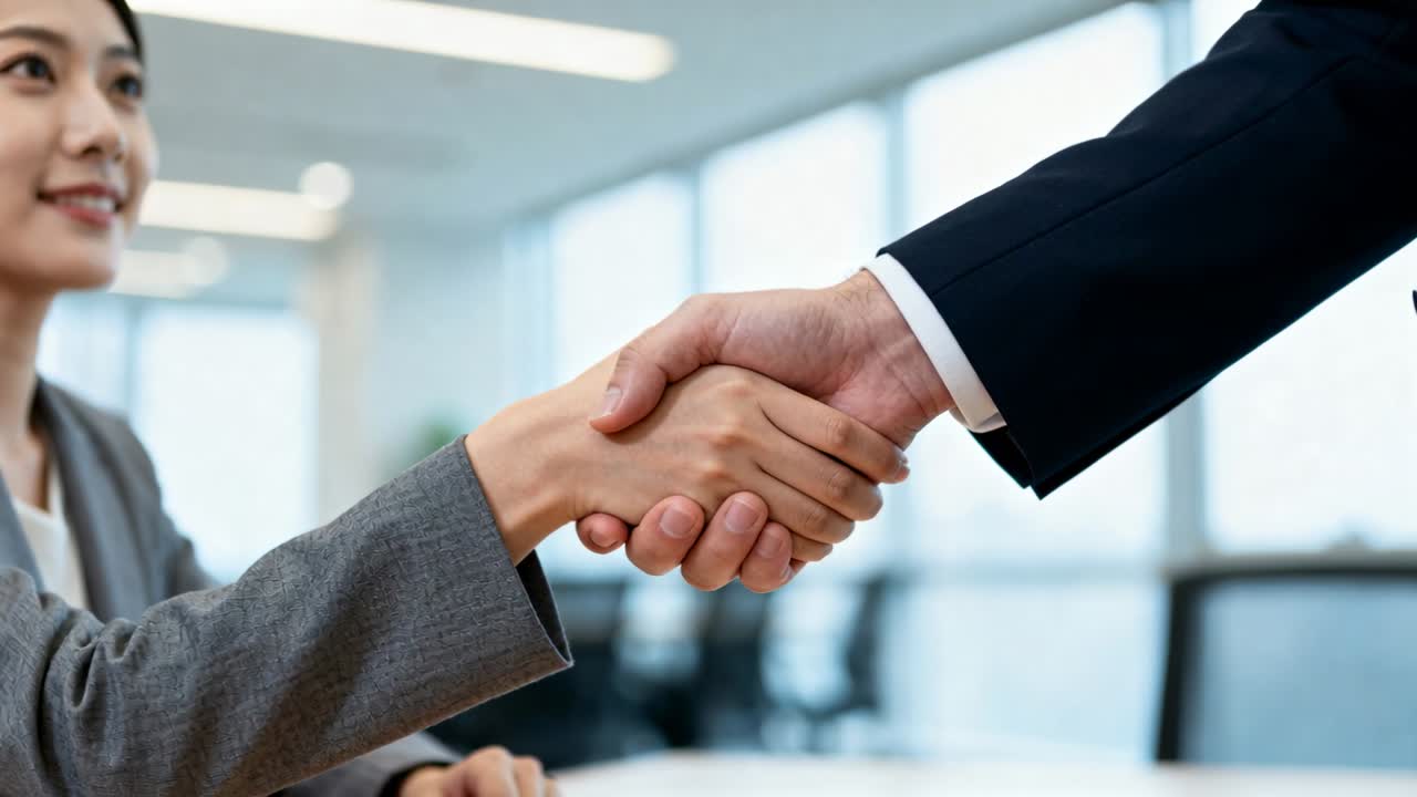 Donna sorridente che porge la mano destra mentre un uomo allunga il braccio in una riunione, stringendosi le mani in abiti eleganti per salutarsi.