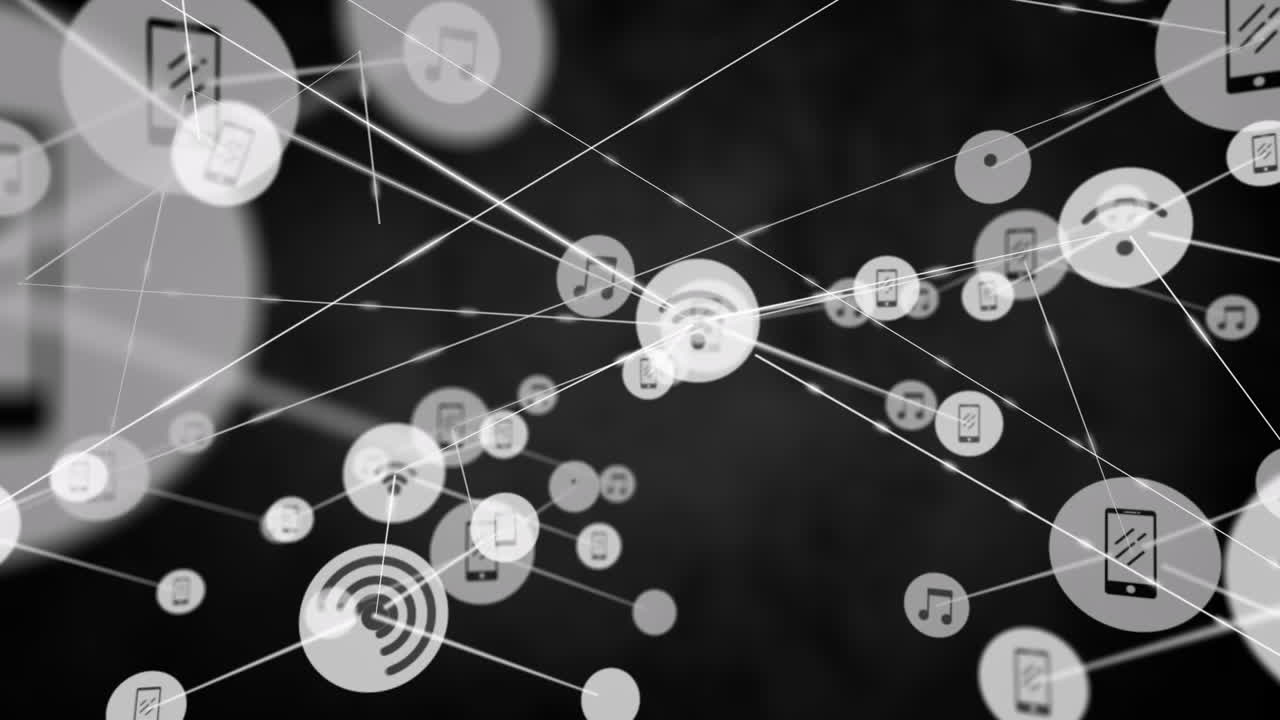 Animation of network of digital icons against black background