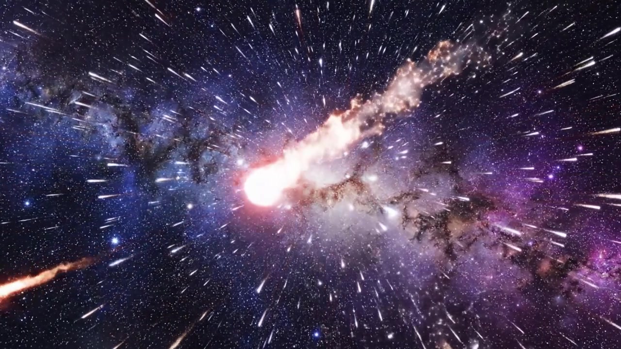Uno spettacolare display cosmico di meteore e stelle che sfrecciano attraverso la vasta distesa dello spazio, catturando la bellezza e la potenza dell'universo in movimento