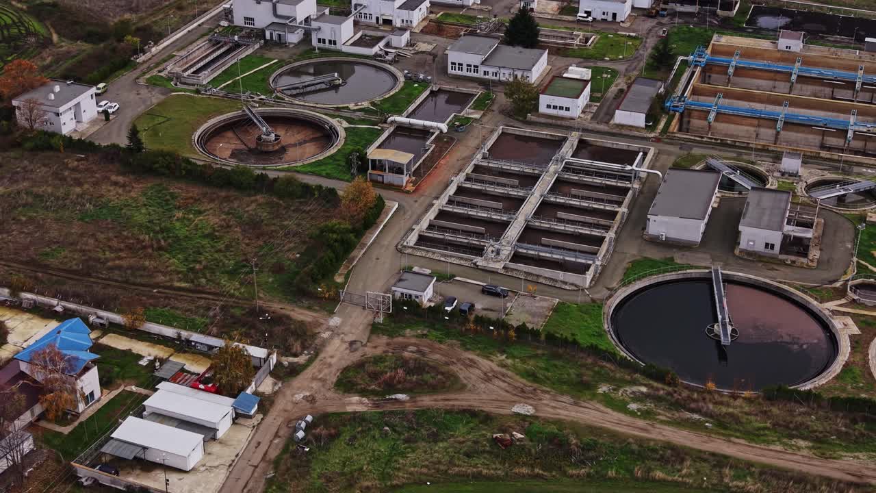 Water treatment facility overview with multiple treatment tanks
