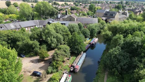 canal boats moored on river stort the maltings sawbridgeworth hertfordshire aerial view