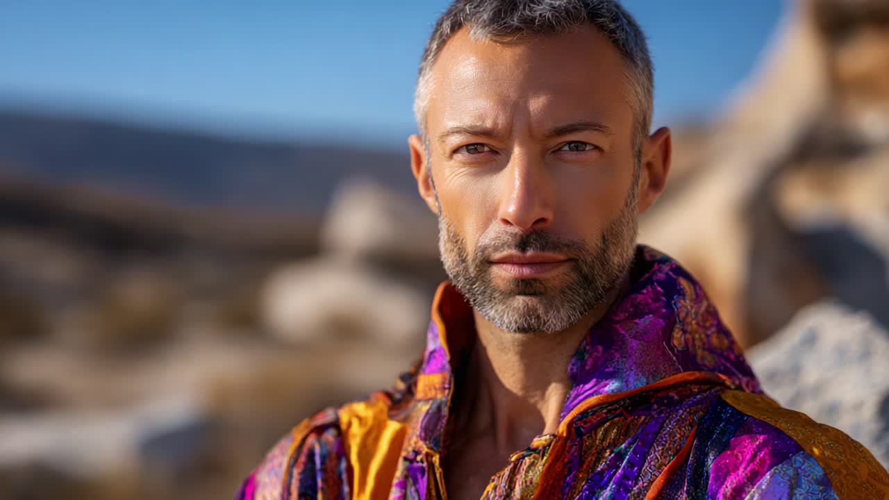 Un accattivante ritratto ravvicinato di un uomo con una veste vivace e multicolore, ambientato in uno scenario naturale sereno che esalta i suoi tratti distintivi e il suo carisma