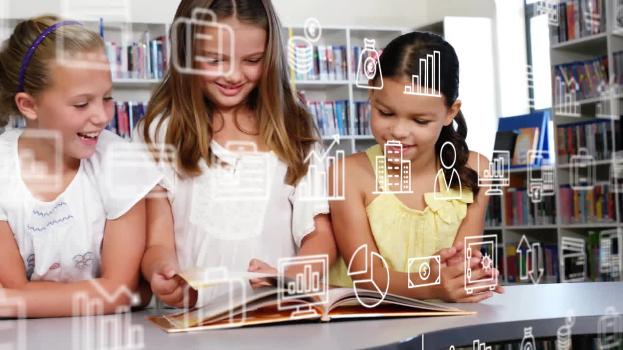 학교 도서관에서 친구들과 함께 책을 읽는 다양한 여성 소녀에 대한 여러 아이콘의 애니메이션