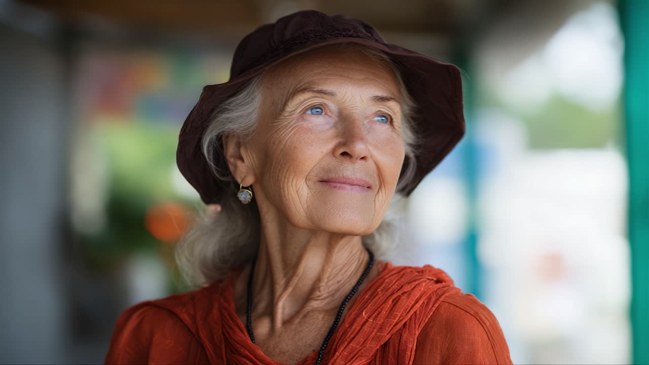 Una donna elegante con capelli argentati e un cappello, che guarda pensierosa in lontananza, catturando momenti di serenità e saggezza su uno sfondo affascinante.