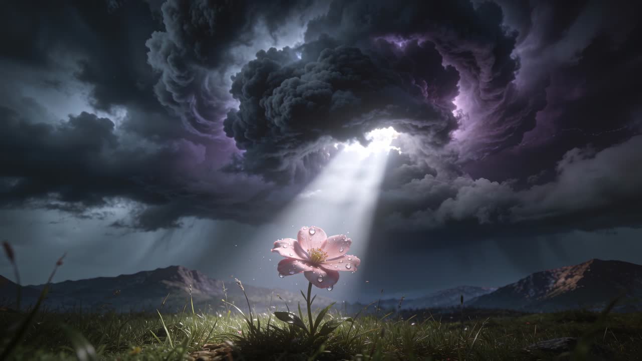 Un singolo fiore rosa che assorbe un raggio di luce da un'apertura nelle nuvole in un prato, con goccioline scintillanti