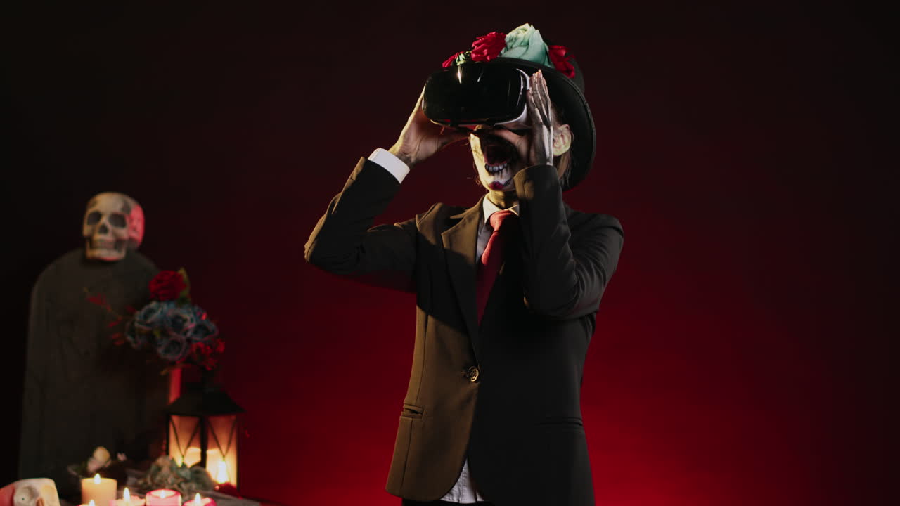Woman in Catrina costume with VR headset