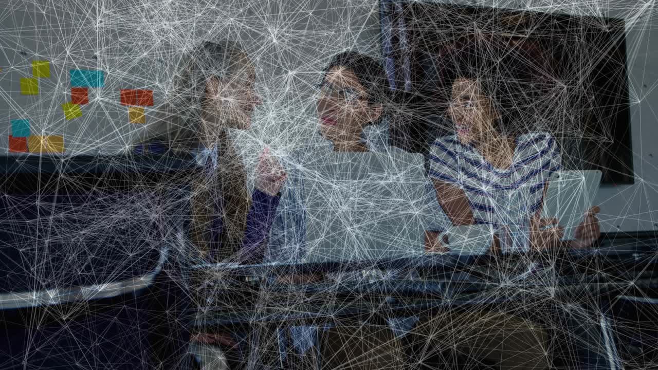 Office network emitting glitch squares revealing colleagues working and grid forming cloud icon