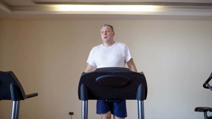 Middle-aged man working out on a treadmill