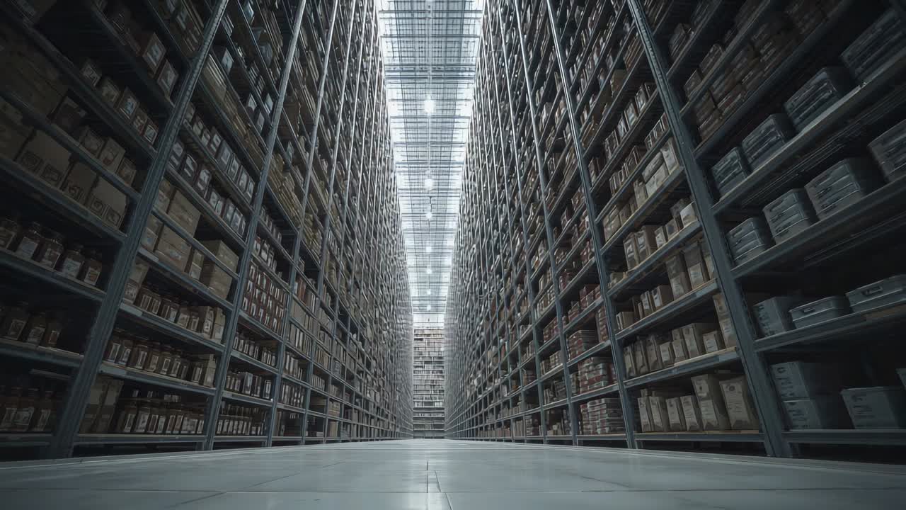 Operatore che spinge la telecamera attraverso un corridoio d'archivio, rivelando scatole impilate e scaffalature per mostrare le dimensioni.