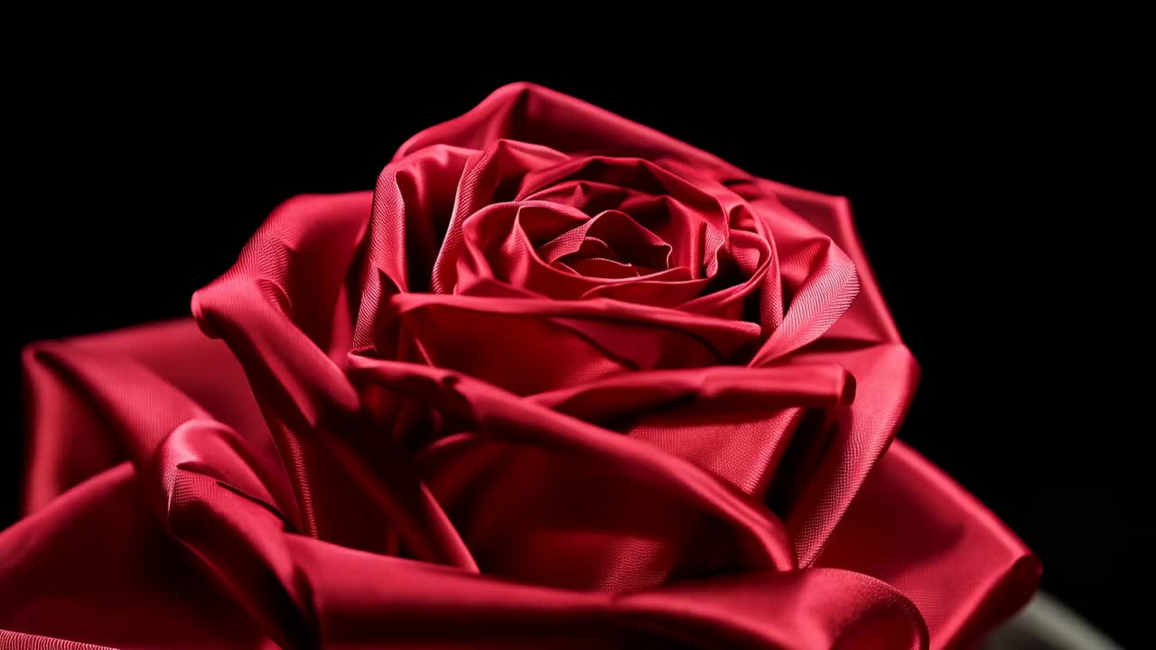 Inquadratura che si allontana rivelando una rosa di raso rosso su uno sfondo nero, enfatizzando la lucentezza con le luci, piedistallo