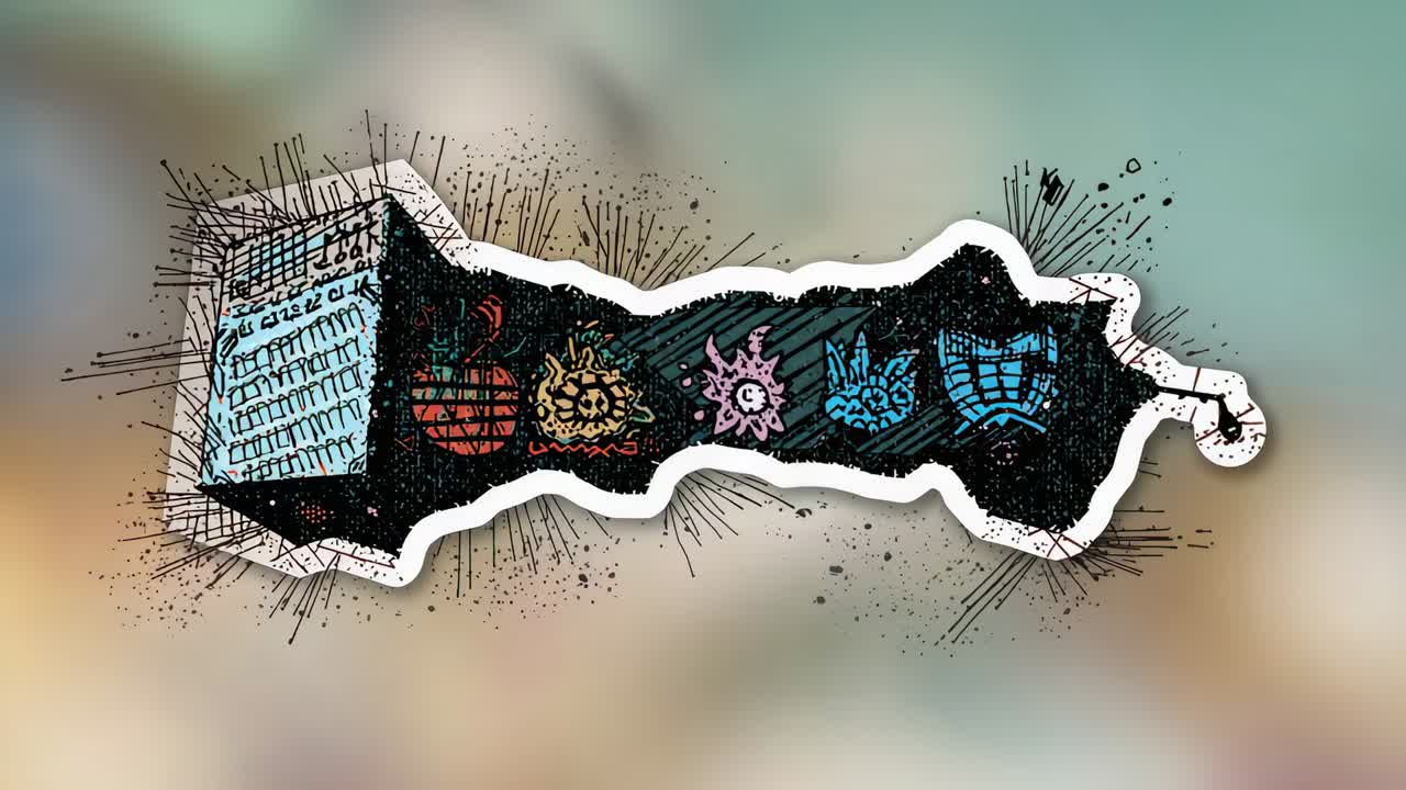 Riproduzione in corso, sticker a cinque emblemi strappato che si muove verso destra, in crescita, pezzo diviso da cubo su pastello