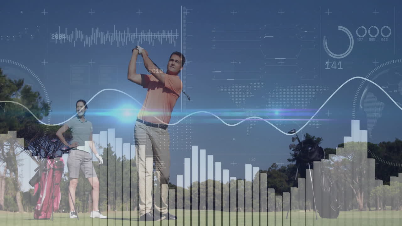 Swinging golf club with animation of data analytics and graphs overlaying scene