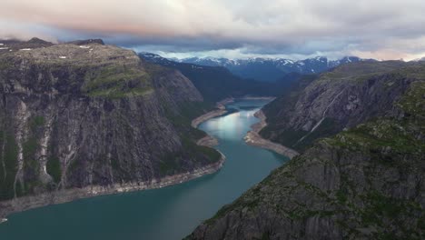 scenic aerial view above beautiful ringedalsvatnet lake in vestland, norway