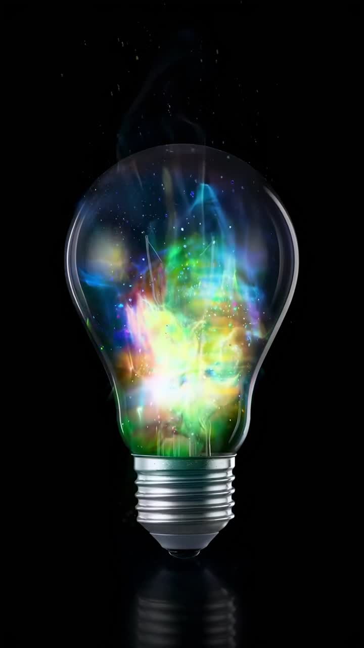Una lampadina vibrante e colorata si illumina su sfondo nero, ripresa da un'angolazione frontale