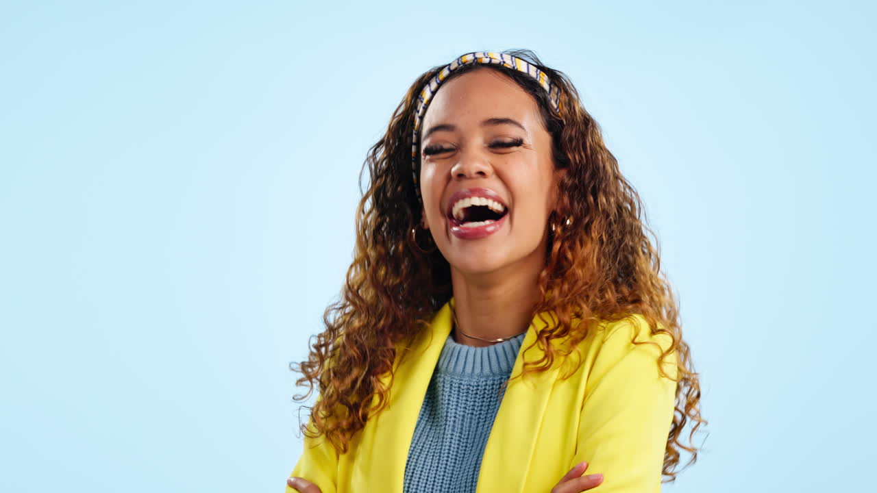 Smile, face and woman laughing in studio
