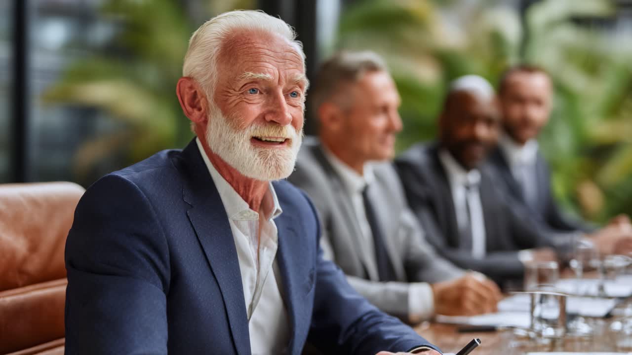 A Thoughtful Senior Businessman Engaged in a Meeting, Surrounded by Colleagues in a Modern Conference Room with Lush Greenery, Fostering Collaboration and Innovation