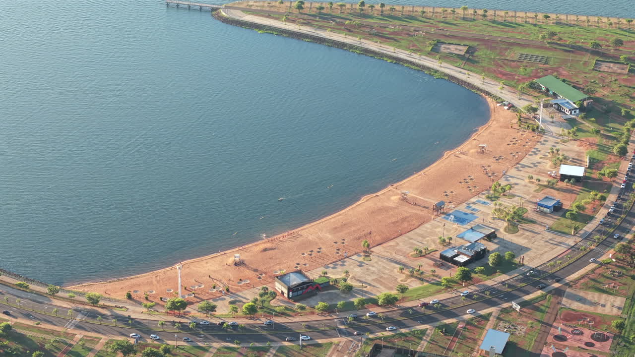 Aerial view of the coastal El Brete bay with curved shoreline, Posadas, Misiones, Argentina.