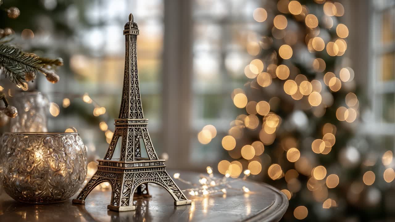 Un'accogliente scena natalizia con una Torre Eiffel decorativa circondata da un albero di Natale splendidamente illuminato e luci scintillanti.