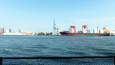 red hook terminal seen from the governors island in new york harbor, new york, usa