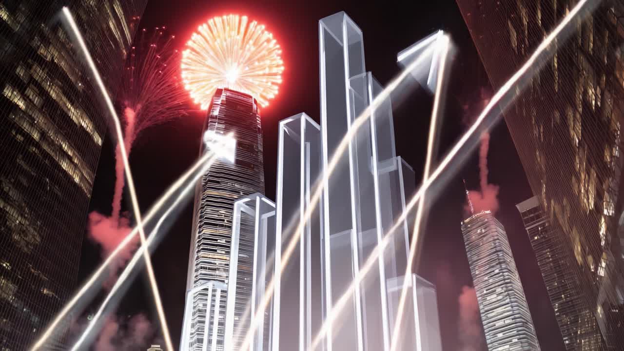 Glowing bar graph with an upward arrow indicating economic success and financial achievement, set against a modern city skyline at night with celebratory fireworks exploding in the background