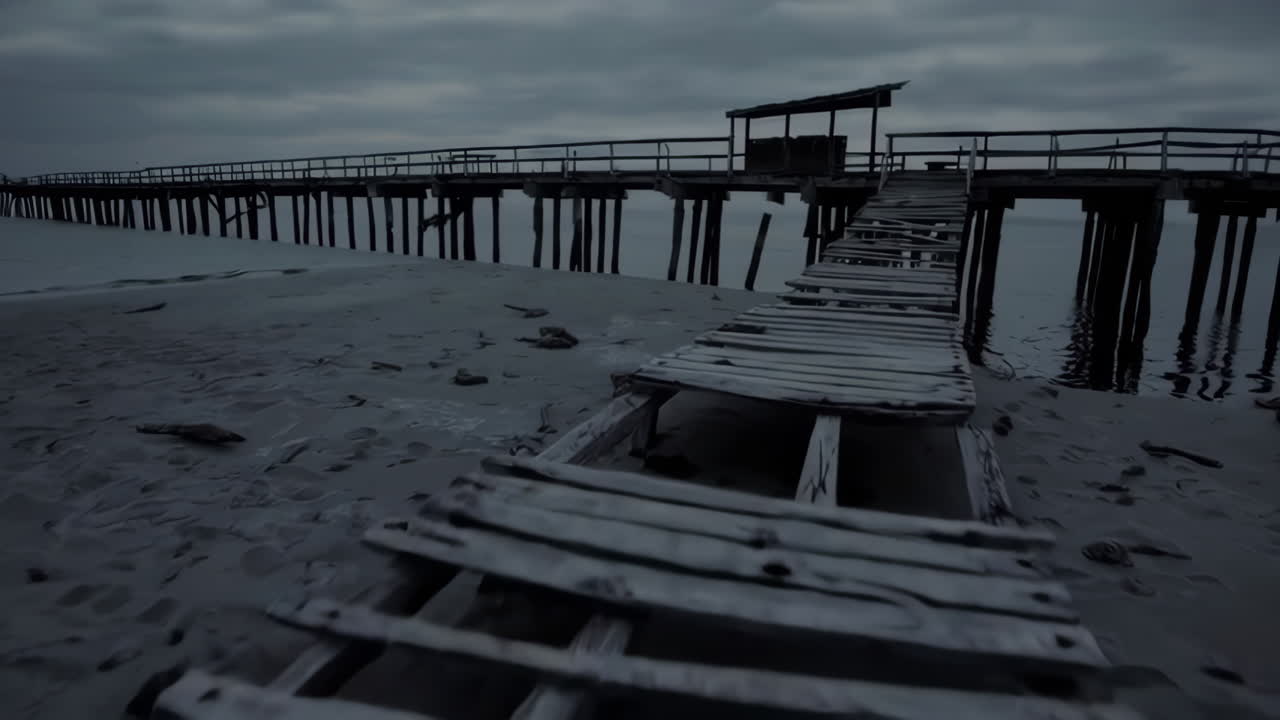 Stürmische Seebrücke bei Abenddämmerung