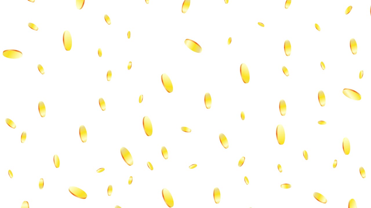 색 바탕에 떨어지는 금 동전, 날아다니는 동전, 현금 흐름, 수평 구성, 4k 비디오 품질