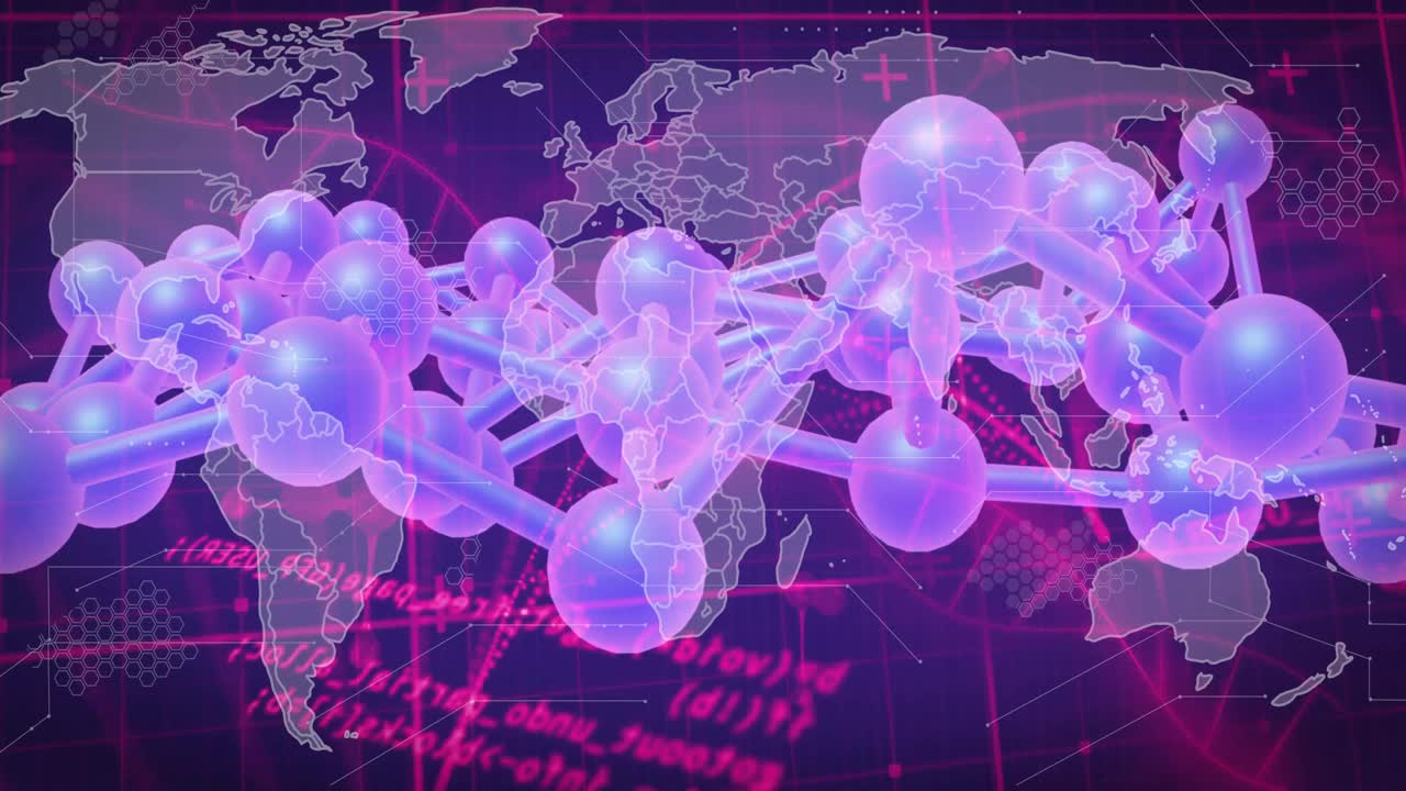 Opening purple network over red code grid, rotating clockwise, visualizing global data connectivity