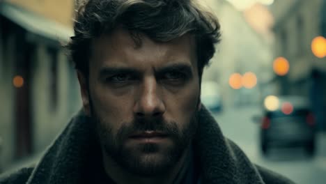 portrait of a serious man with a beard, looking at the camera in a city street