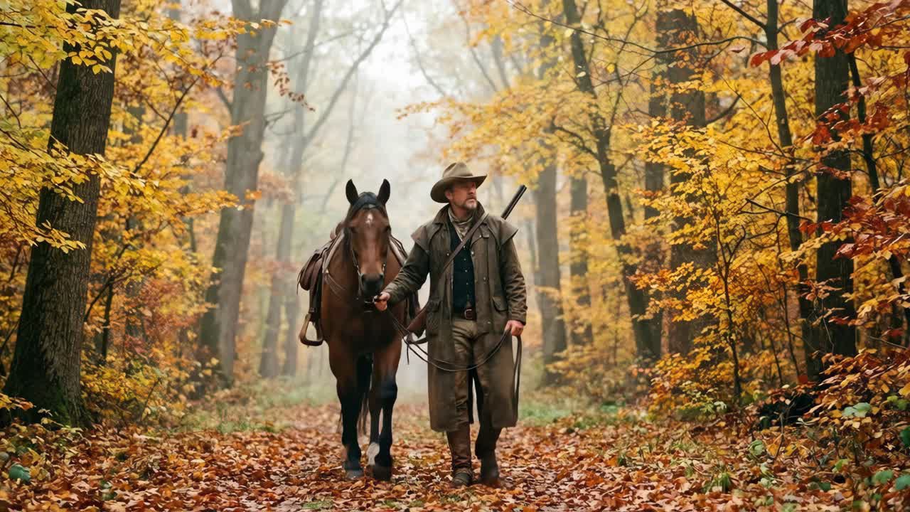 Cowboy e cavallo nella foresta autunnale